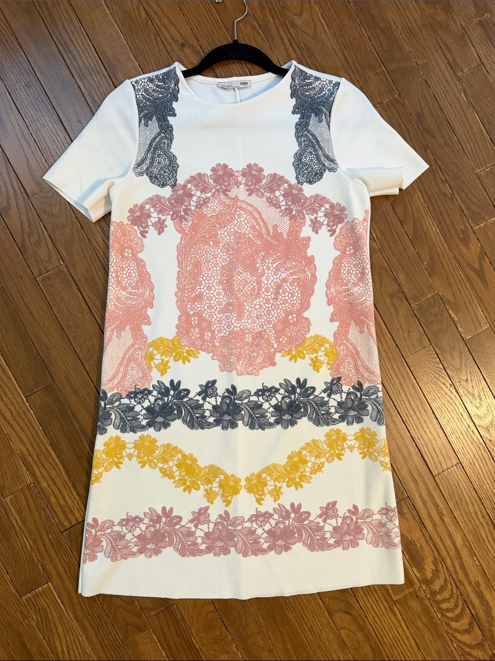 Zara women’s Floral Lace Print Dress - White with Pink & Yellow
